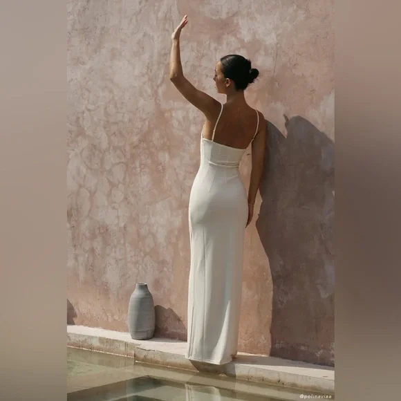 MESHKI Amorette Lace Trim Maxi Dress in Bone Size Medium - Picture 2 of 16